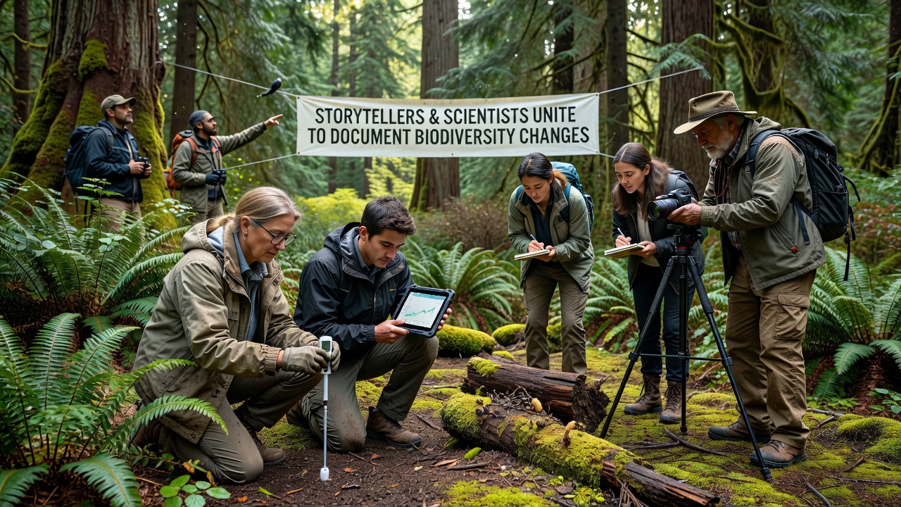 Community members and researchers reviewing recorded observations on tablets during a biodiversity documentation session