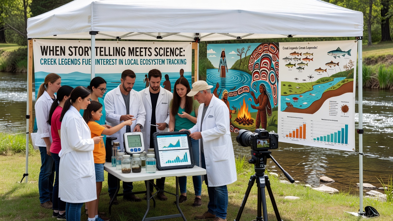 Volunteers use field equipment to record creek conditions while referencing historical legends